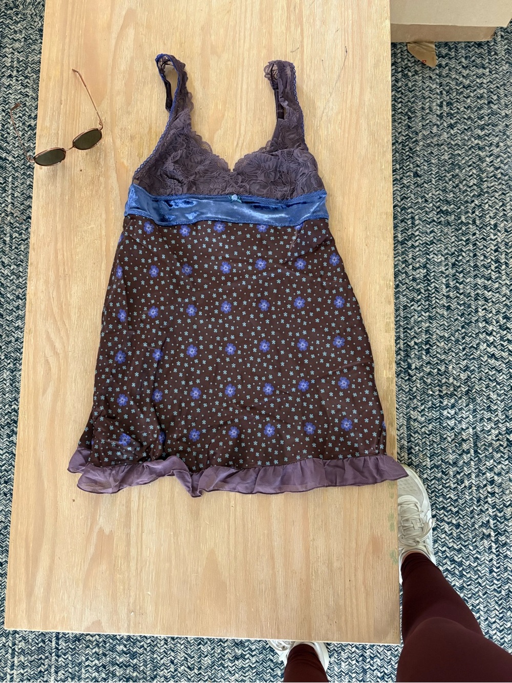 Free People Brown Floral Chemise with Purple Lace & Blue Satin Band